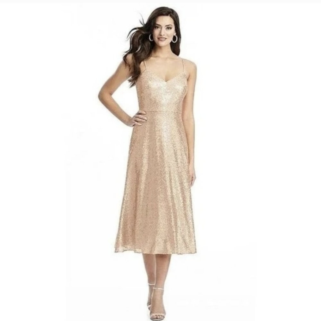 Nwt Dessy Collection 3067 Spaghetti Strap Flared Sequin Midi Dress Rose Gold